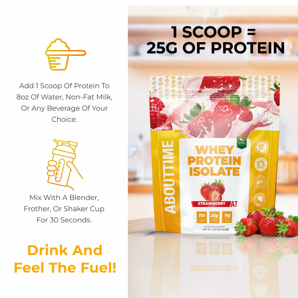 About Time Whey Isolate Strawberry scoop demonstrates easy, lactose-free protein boost.