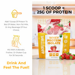 About Time Whey Isolate Strawberry scoop demonstrates easy, lactose-free protein boost.