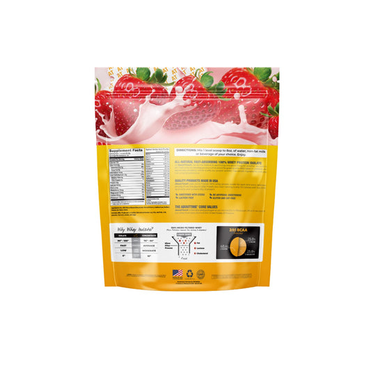 About Time Whey Isolate Strawberry in a shaker shows fast-mixing for smooth shakes.