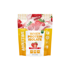 About Time Whey Isolate Strawberry tub label highlights clean, non-GMO ingredients.