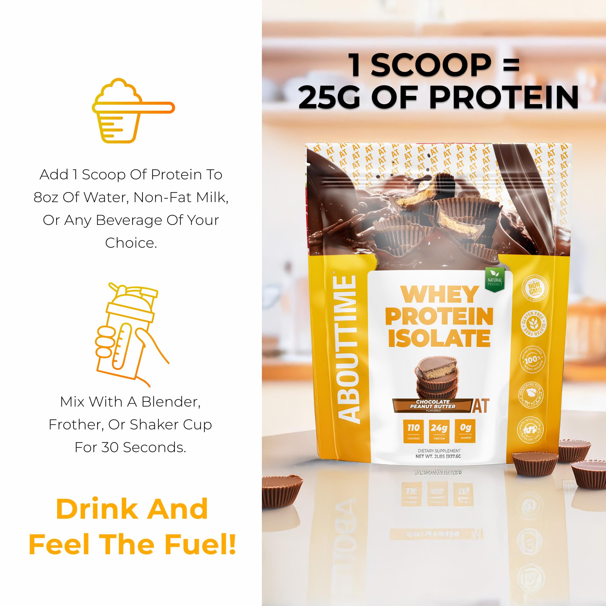 About Time Whey Isolate shake cup with breakfast-friendly texture.