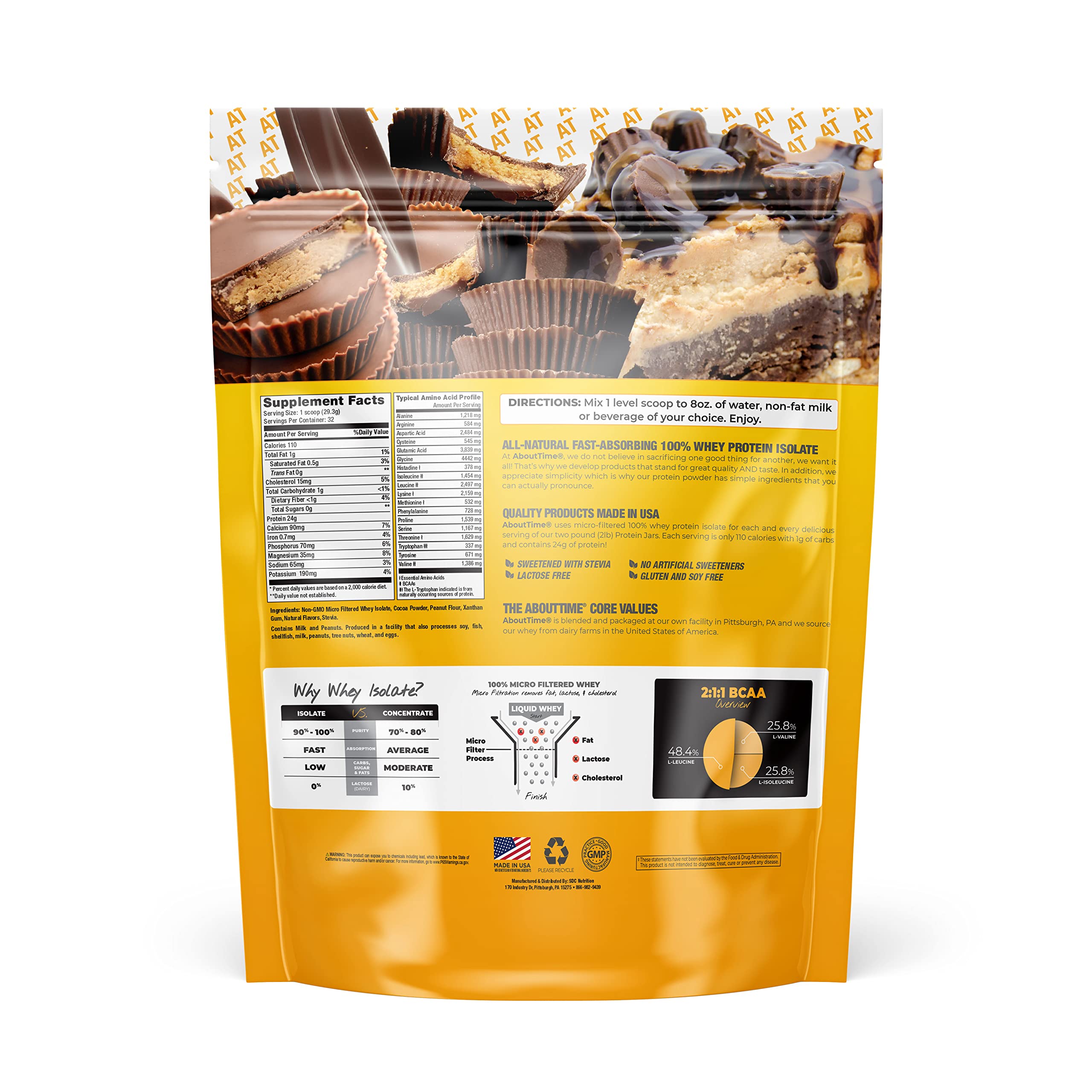 About Time Whey Isolate chocolate peanut butter shake poured, high-protein workout fuel.