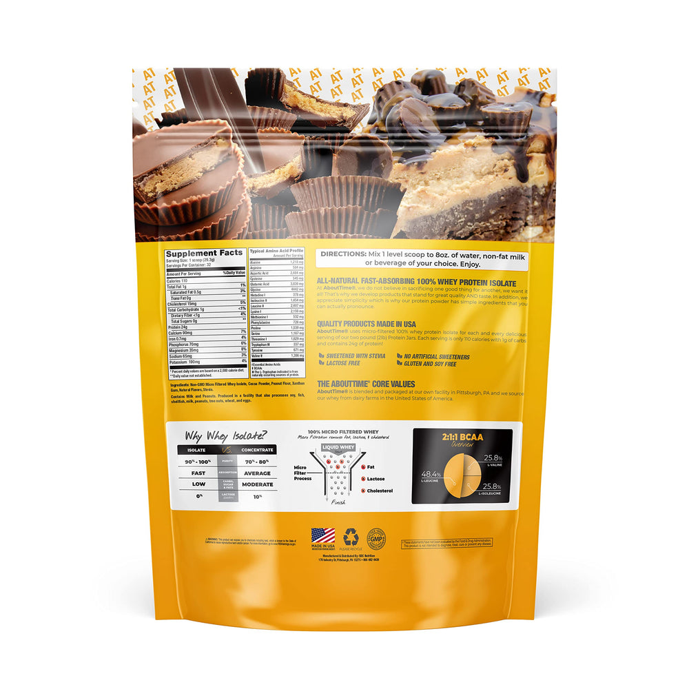About Time Whey Isolate chocolate peanut butter shake poured, high-protein workout fuel.