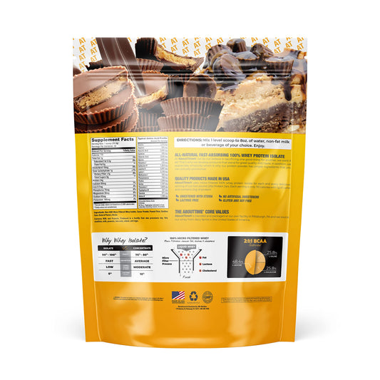 About Time Whey Isolate chocolate peanut butter shake poured, high-protein workout fuel.