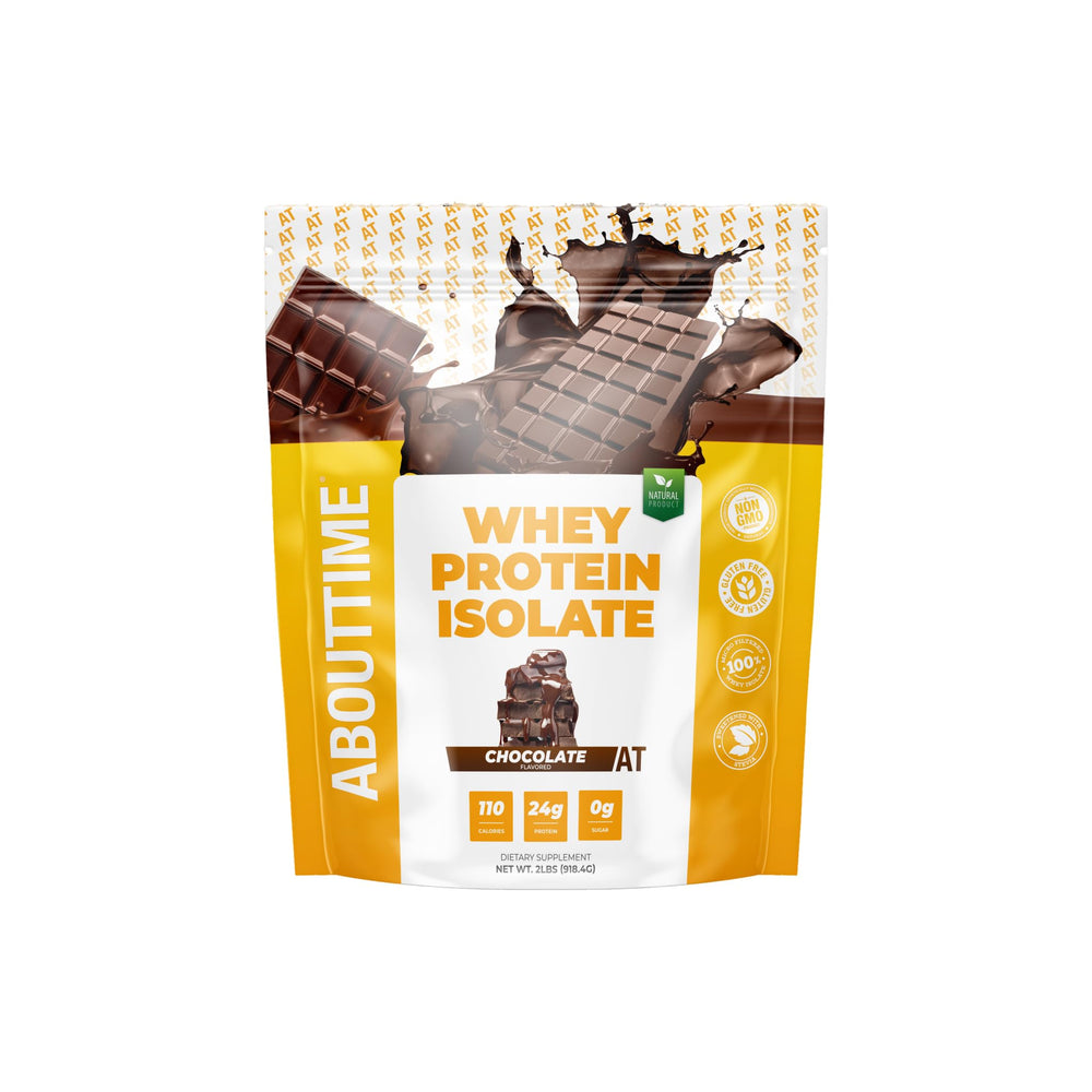 About Time Whey Protein Isolate tub front showing chocolate flavor and non GMO formula