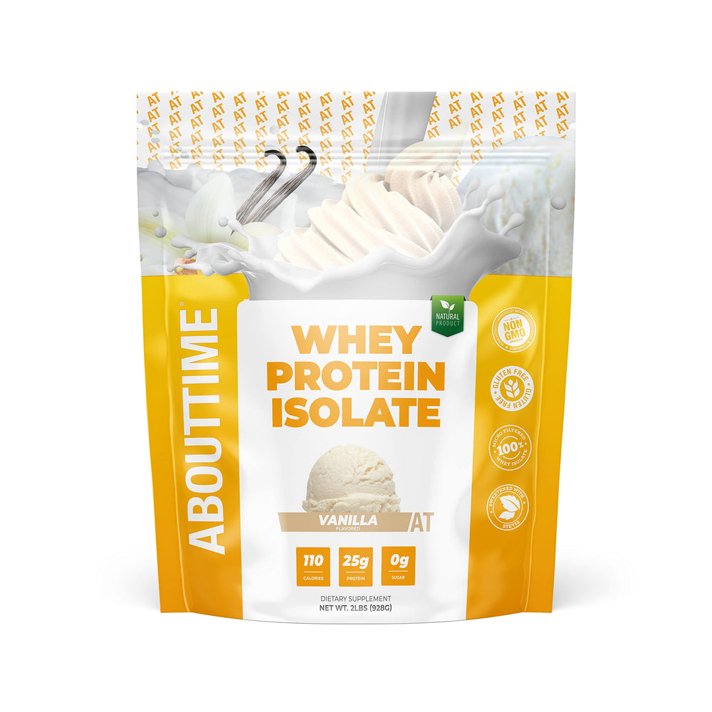About Time Whey Protein Isolate Vanilla bottle highlights clean ingredients for daily lean muscle support