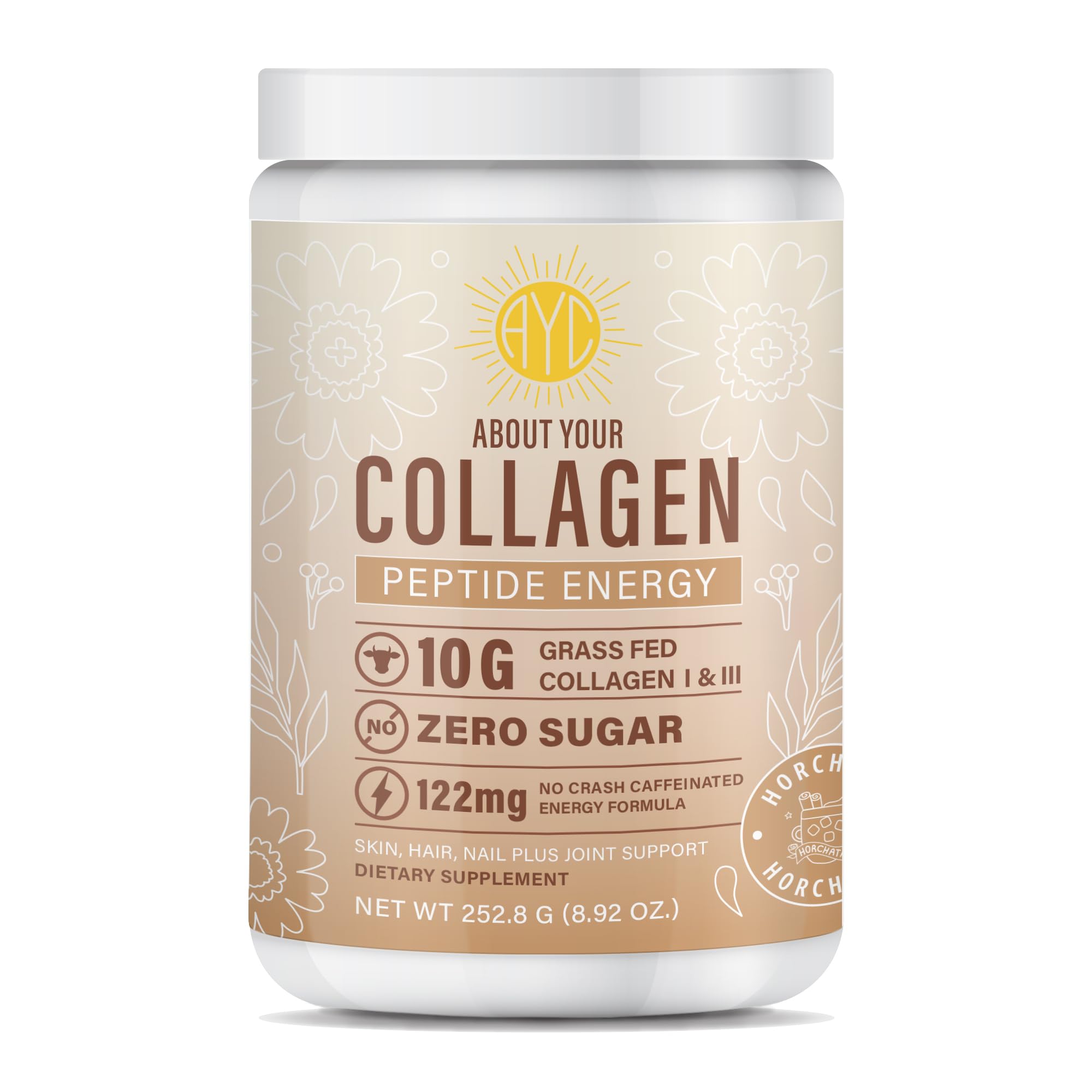 About Your Collagen Energy bottle pour in horchata flavor, showing a quick energy boost ritual.