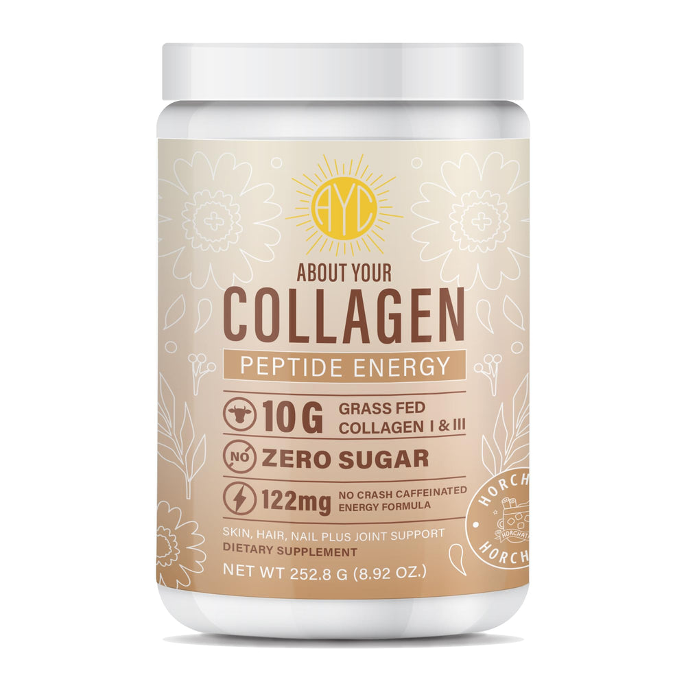About Your Collagen Energy bottle pour in horchata flavor, showing a quick energy boost ritual.