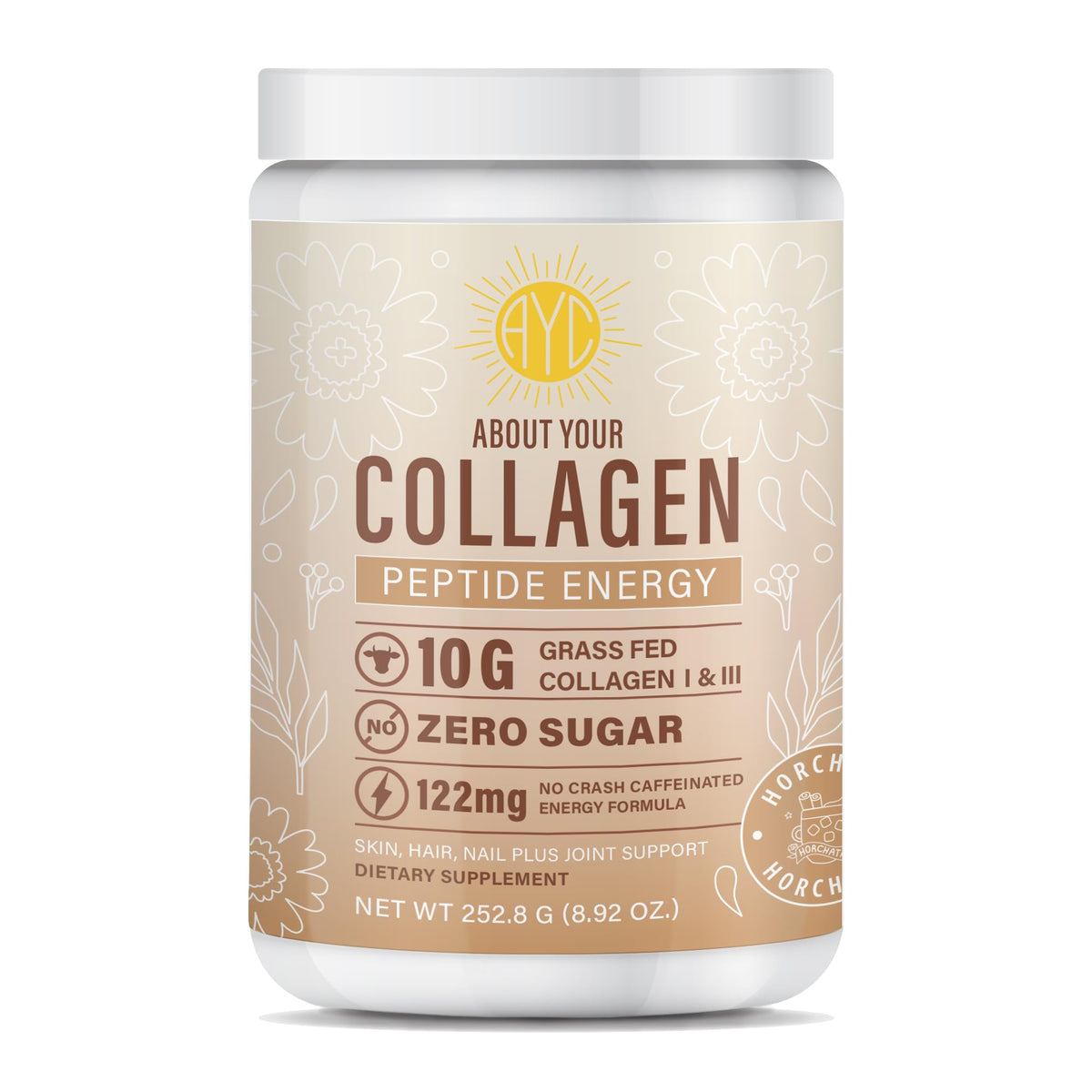 About Your Collagen Energy bottle pour in horchata flavor, showing a quick energy boost ritual.