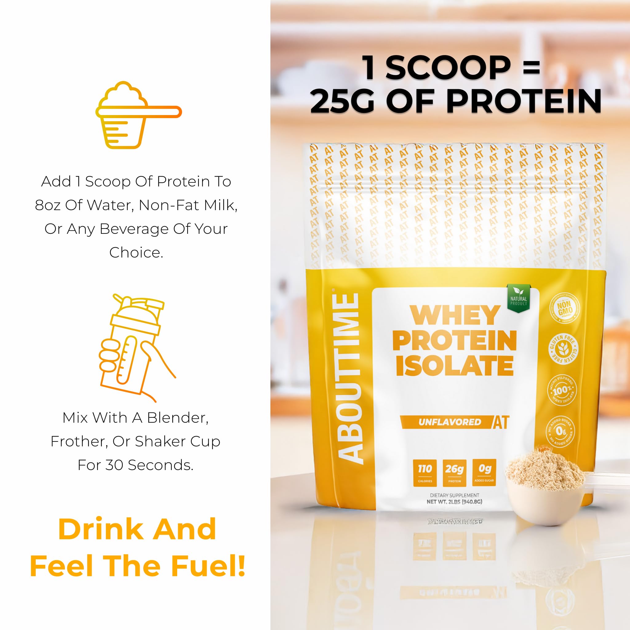 About Time Whey Isolate glass with shake illustrates smooth mix and versatile use
