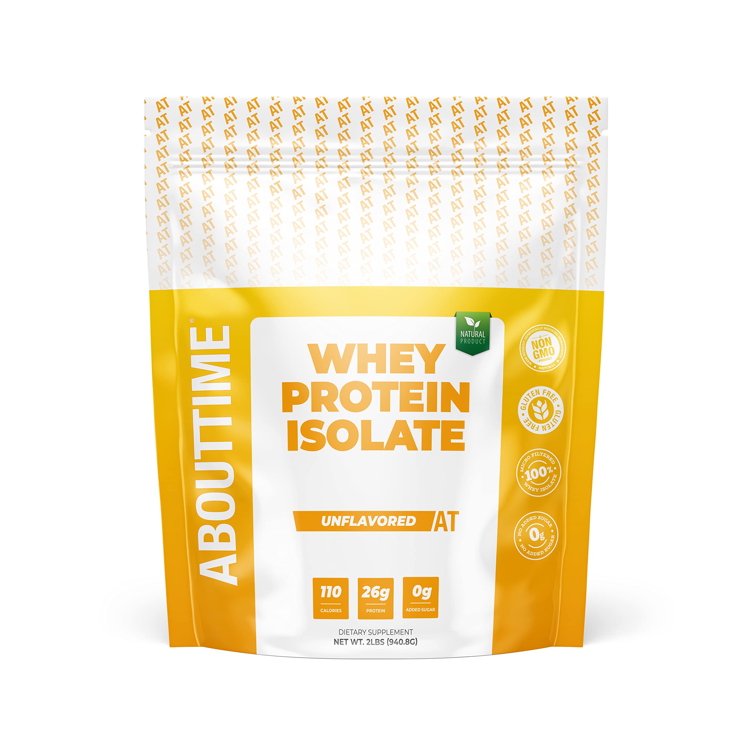 About Time Whey Isolate unflavored jar highlights a clean, five-ingredient formula for daily protein