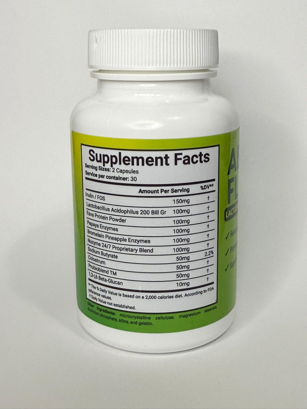 Close-up of ABSFLAT probiotic capsules highlighting gut balance potential.