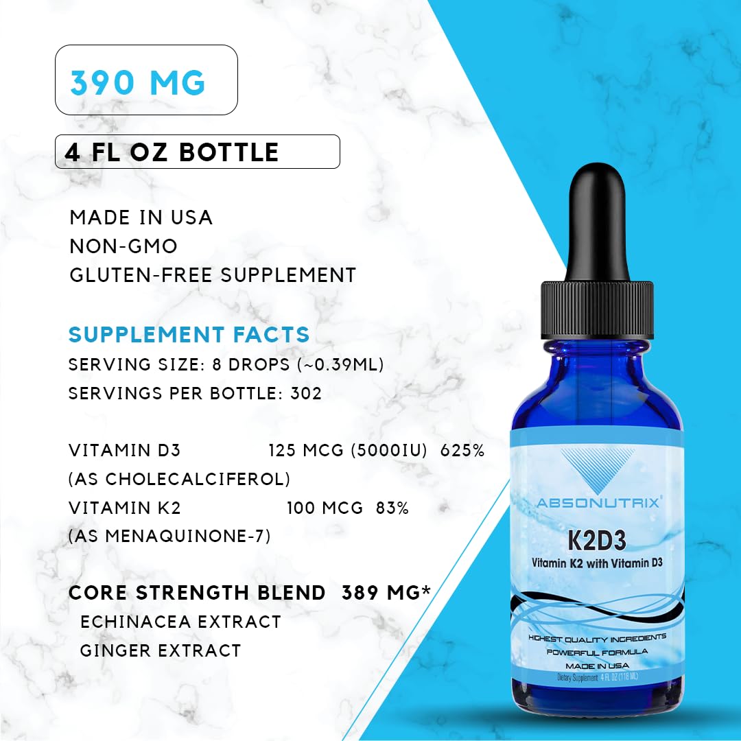 Absonutrix K2D3 dosage dropper showing precise 8 drops per day.