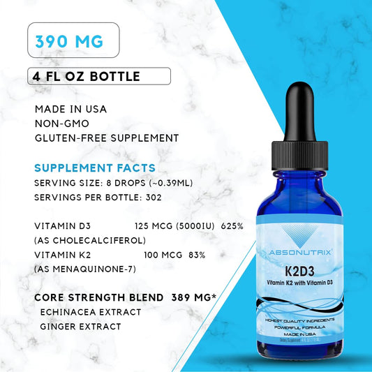 Absonutrix K2D3 dosage dropper showing precise 8 drops per day.