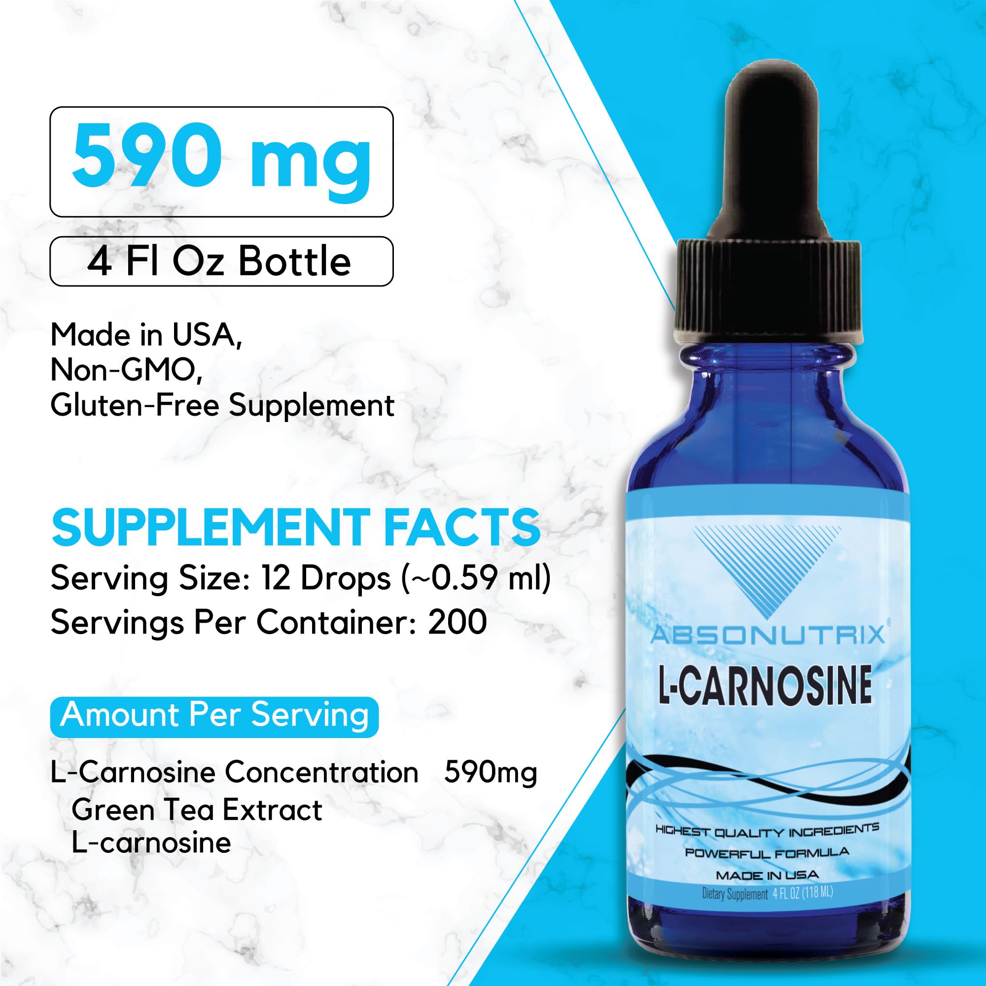 Absonutrix L-Carnosine drops ingredient label highlights non-GMO formula.