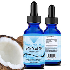 Absonutrix Monolaurin liquid bottle highlights quick absorption for daily energy