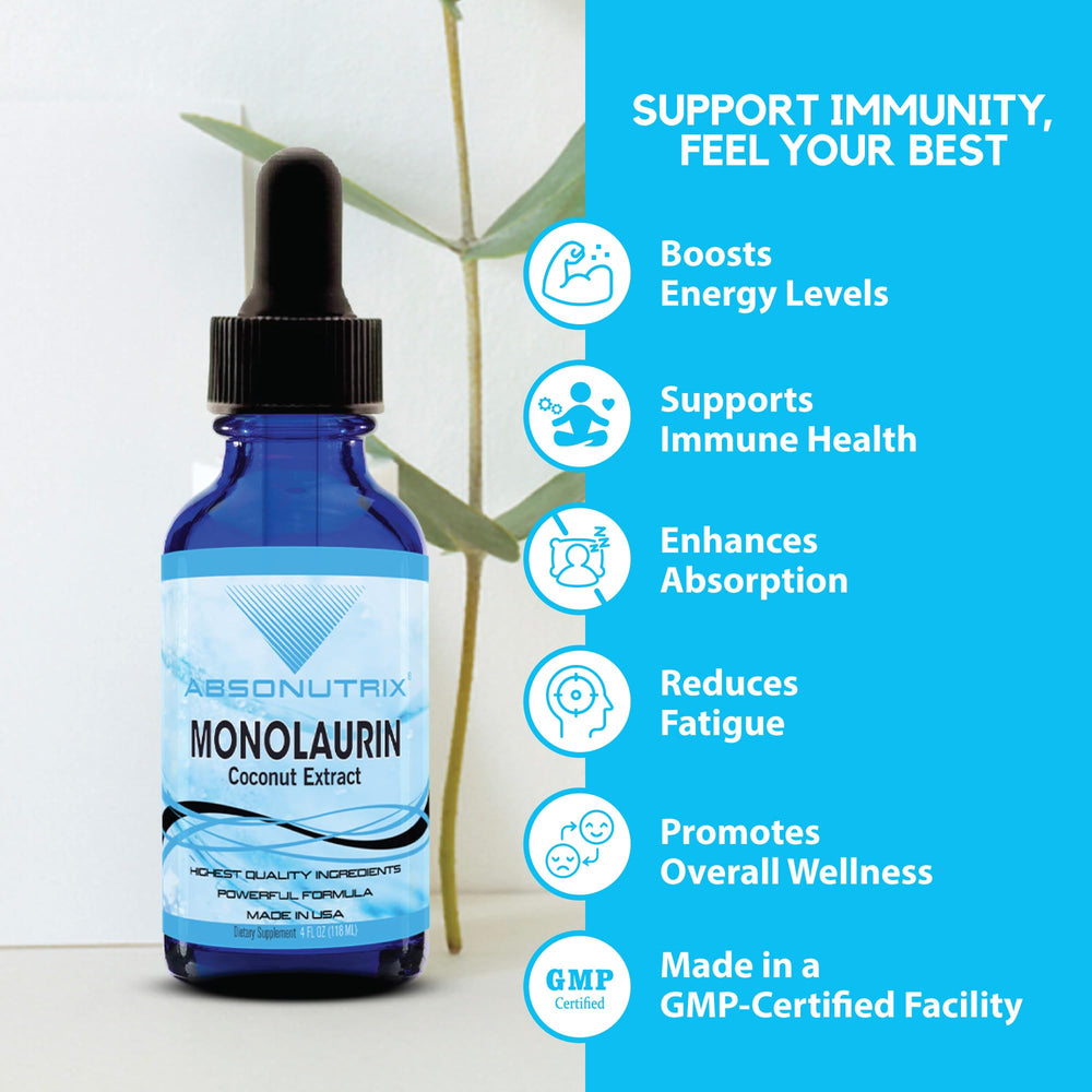 Absonutrix Monolaurin liquid bottle label reflects GMP-certified quality and USA-made production