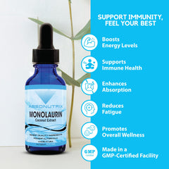 Absonutrix Monolaurin liquid bottle label reflects GMP-certified quality and USA-made production