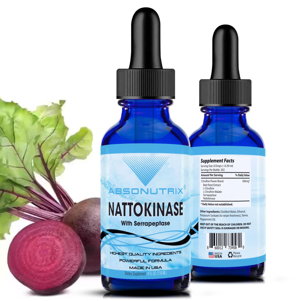 Absonutrix nattokinase-serrapeptase bottle label showcases 302 servings for daily use.