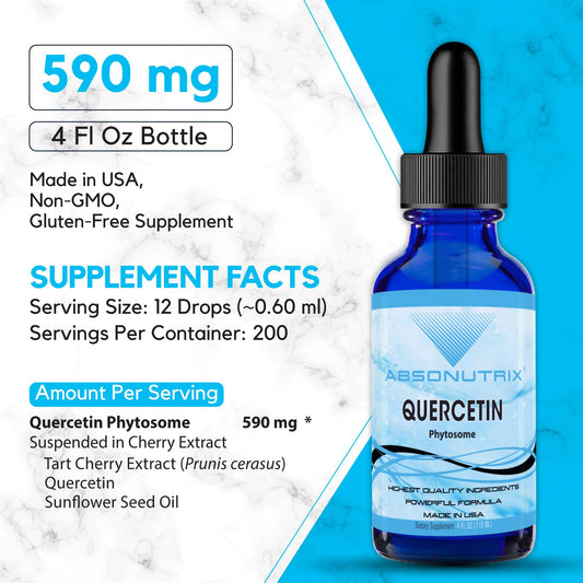 Dropper dispensing Absonutrix Quercetin Phytosome drops into a glass.