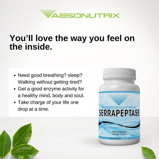 Absonutrix Serrapeptase capsules on display, 60 veggie capsules for daily support.