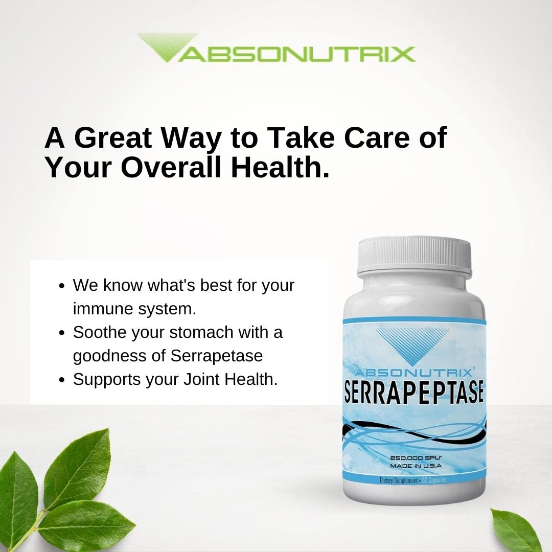 Absonutrix Serrapeptase bottle on wood highlighting premium ingredients.