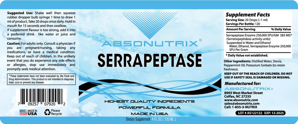 Absonutrix Serrapeptase enzyme non-GMO label highlights natural ingredients.