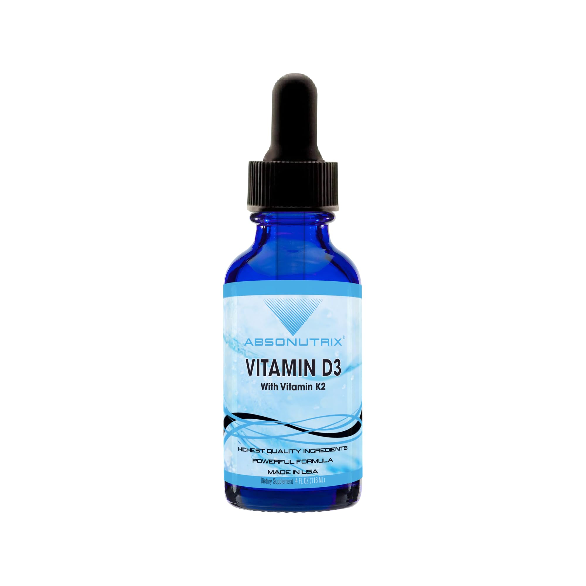 Absonutrix Vitamin D3 K2 Drops bottle with clear label for easy daily dosing.