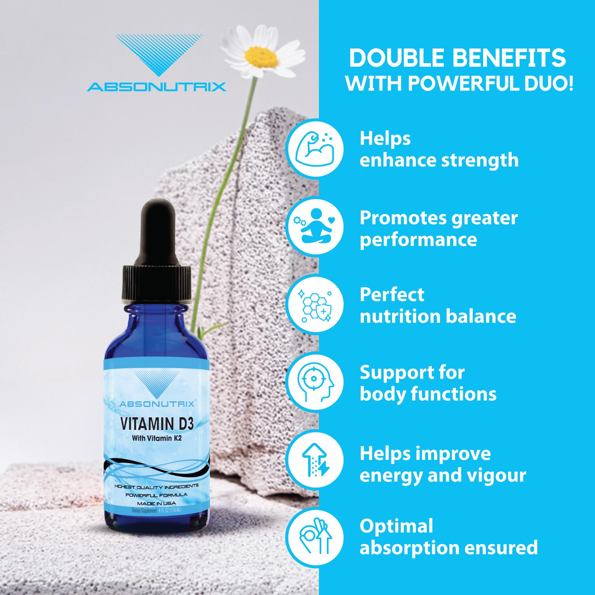 Absonutrix Vitamin D3 K2 Drops measuring dropper supports accurate daily dosing.