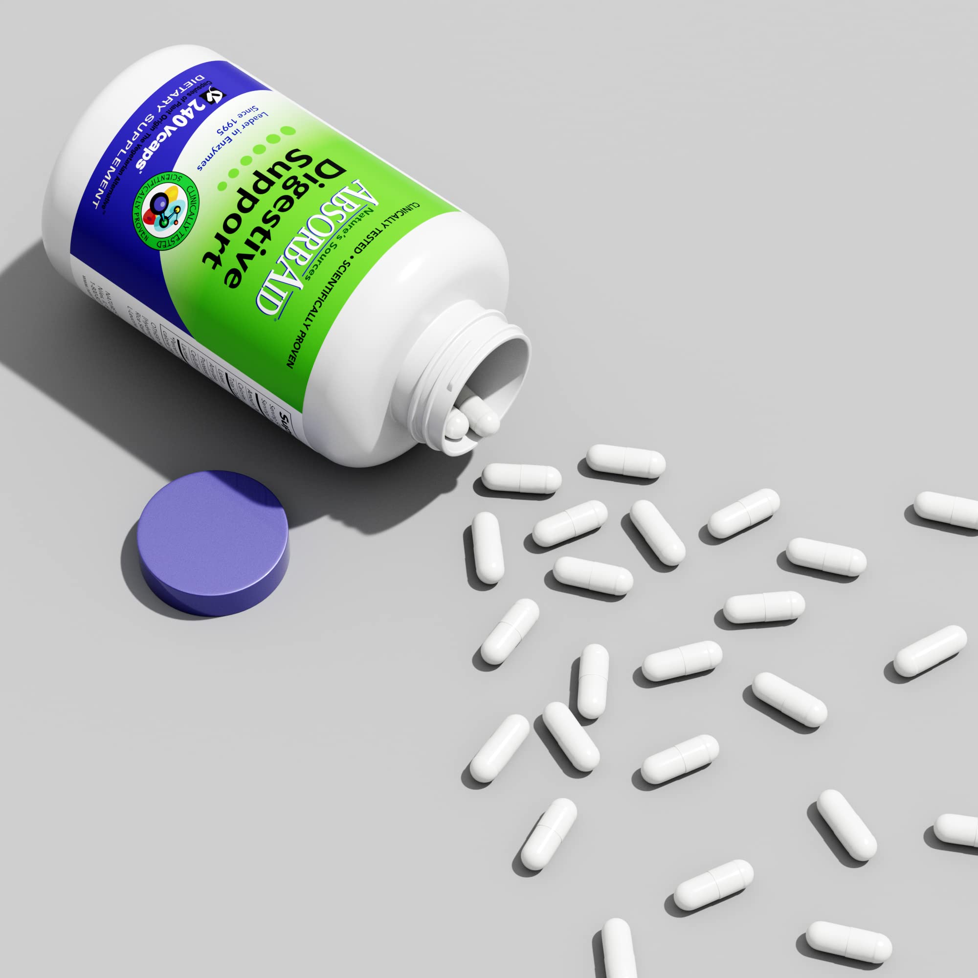 AbsorbAid bottle on counter beside meals for efficient digestion.