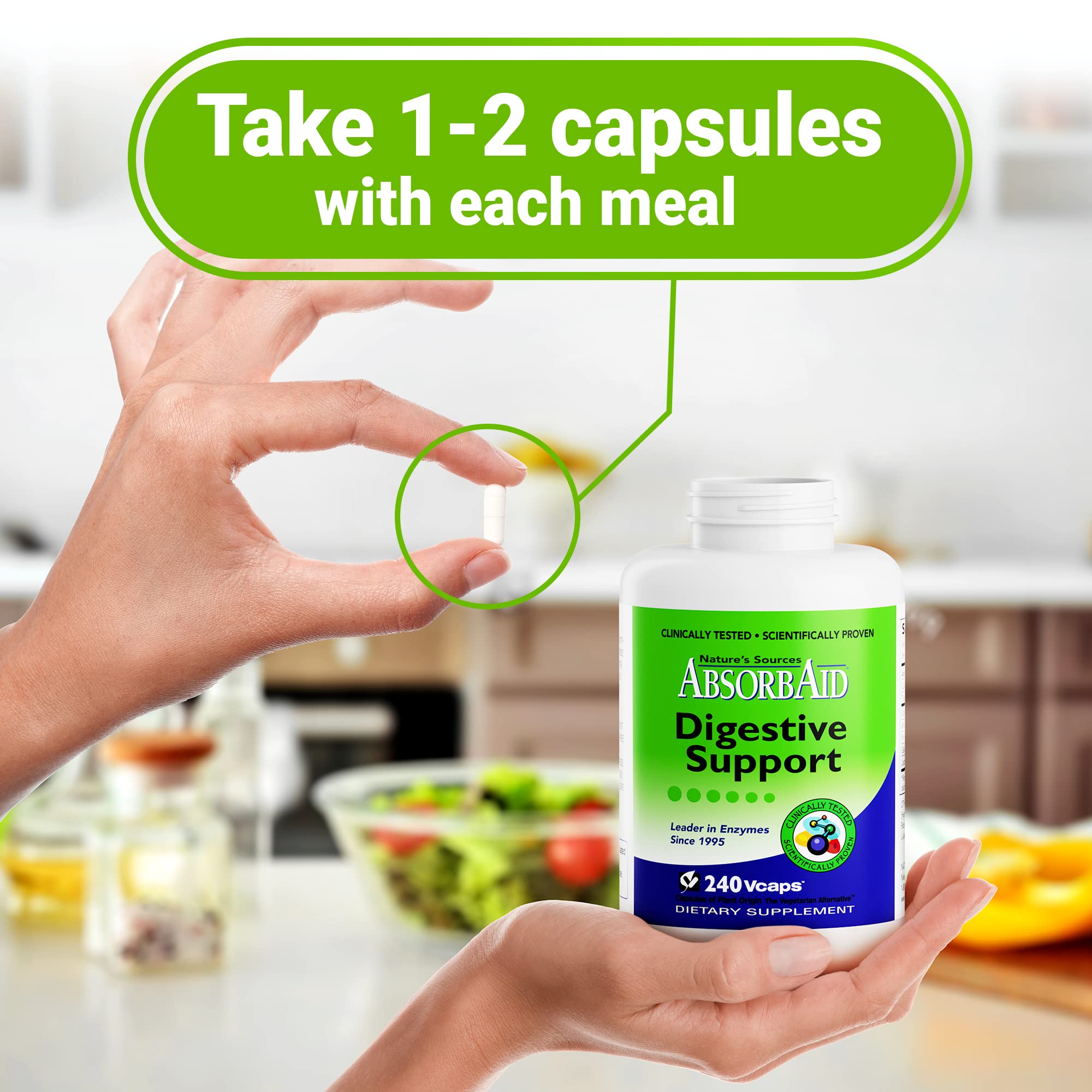 AbsorbAid bottle beside a prepared meal illustrating use with food.