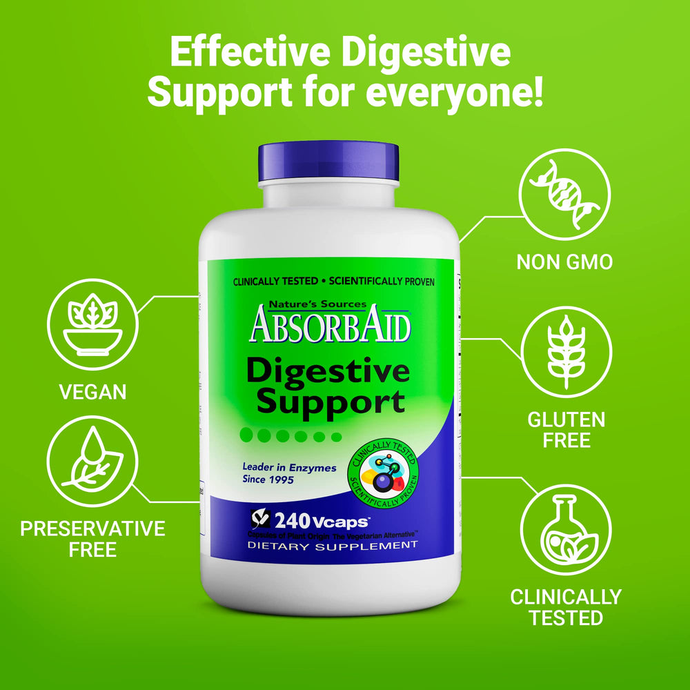 AbsorbAid packaging box highlighting natural enzyme blend for digestion.