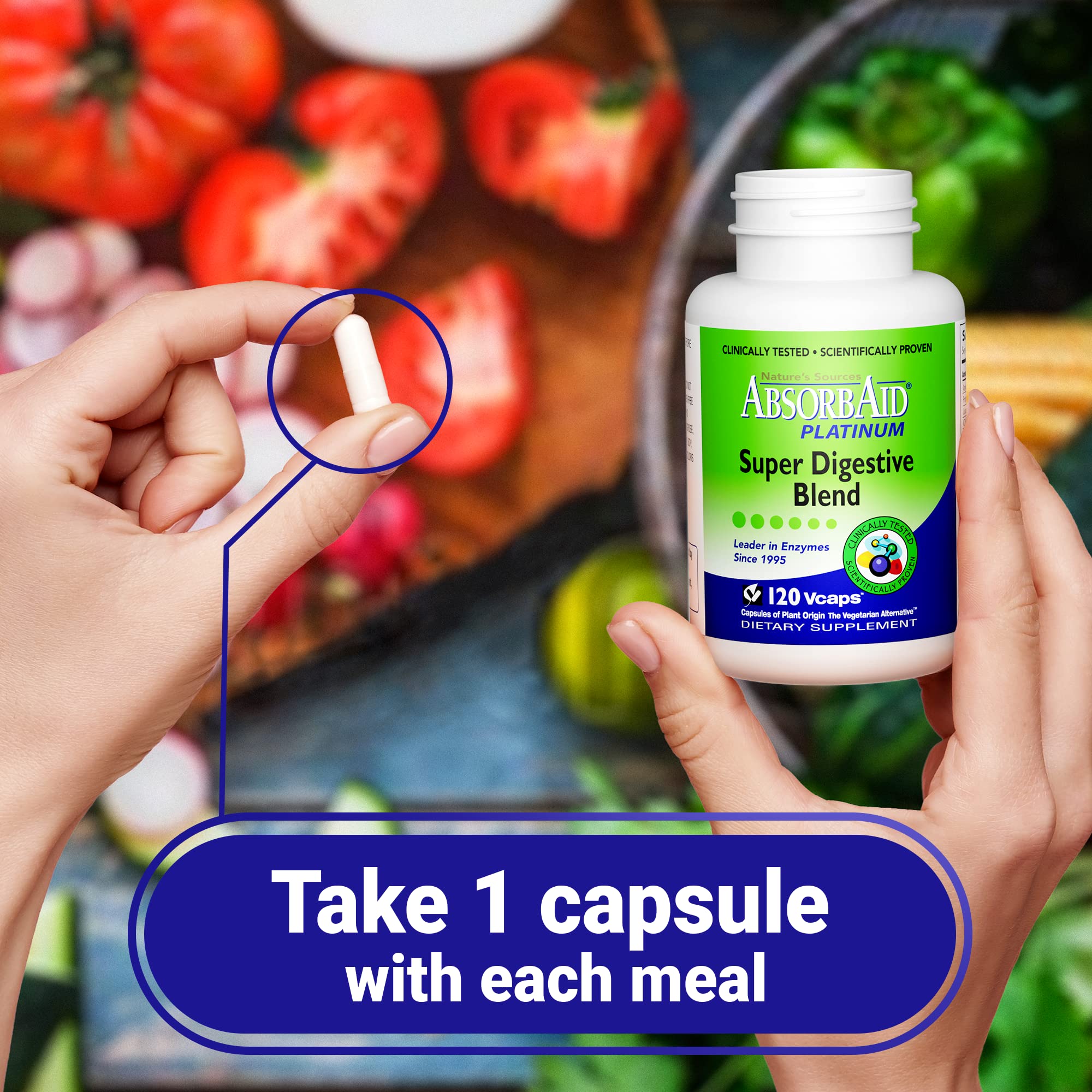 AbsorbAid Platinum label close-up emphasizes 12 enzymes and 2 probiotics.