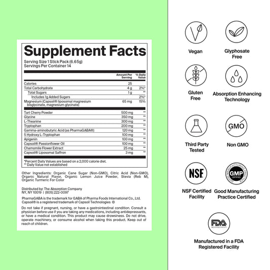 The Absorption Company Sleep Aid Powder shown with a glass, ready to mix for restful nights.