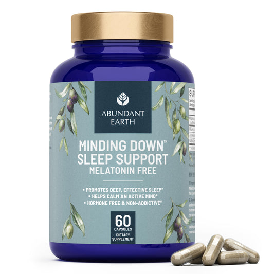 Abundant Earth Minding Down bottle front promotes calm, melatonin-free sleep support.