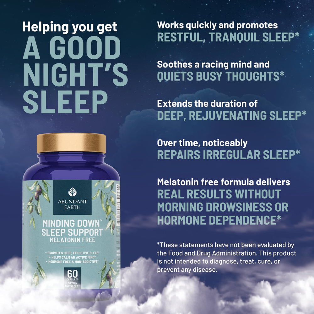 Abundant Earth Minding Down label closeup communicates melatonin-free formula and safe manufacturing.