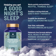 Abundant Earth Minding Down label closeup communicates melatonin-free formula and safe manufacturing.