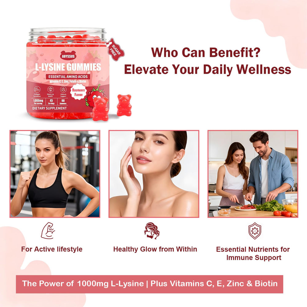 ABYSSUS Lysine Gummies label shows zinc and vitamins for immune and beauty support