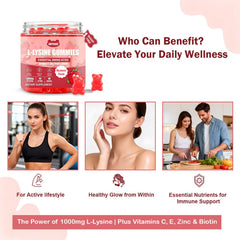 ABYSSUS Lysine Gummies label shows zinc and vitamins for immune and beauty support