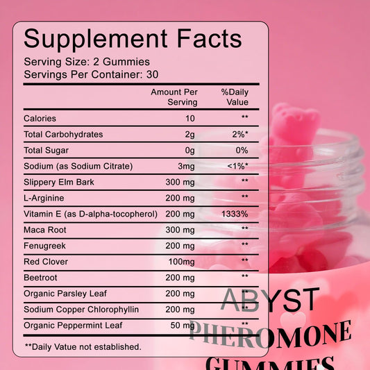 ABYST Pheromone Gummies for Women strawberry-flavor jar highlights tasty, discreet mood-supporting snacking.