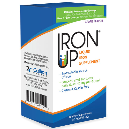 A.C. Grace Iron Up bottle label highlights grape flavor and compact size for travel.