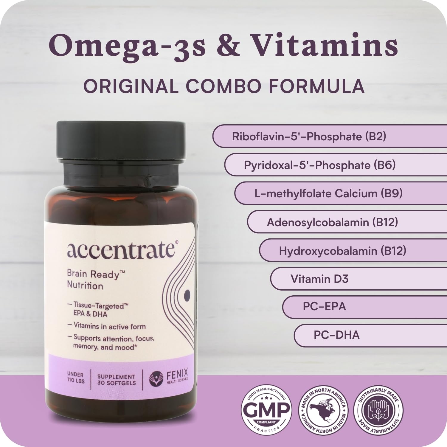 Accentrate B vitamins omega-3 complex bottle close-up.