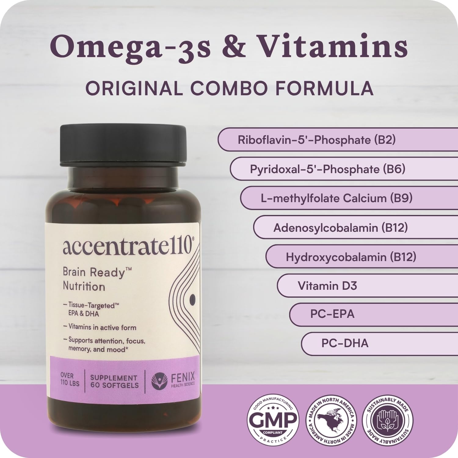 Accentrate110 riboflavin-b2 capsules suggest energy-support benefits.