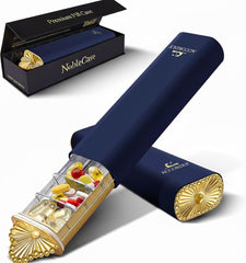 Accordly 7-day pill organizer navy top view, stylish travel companion.