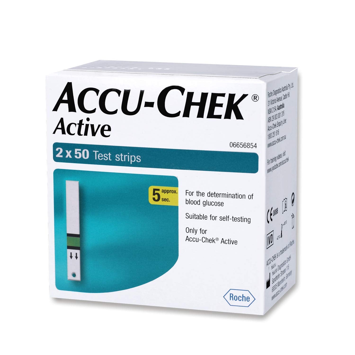 Accu-Chek Active strips 100-pack front view for reliable testing with small samples.