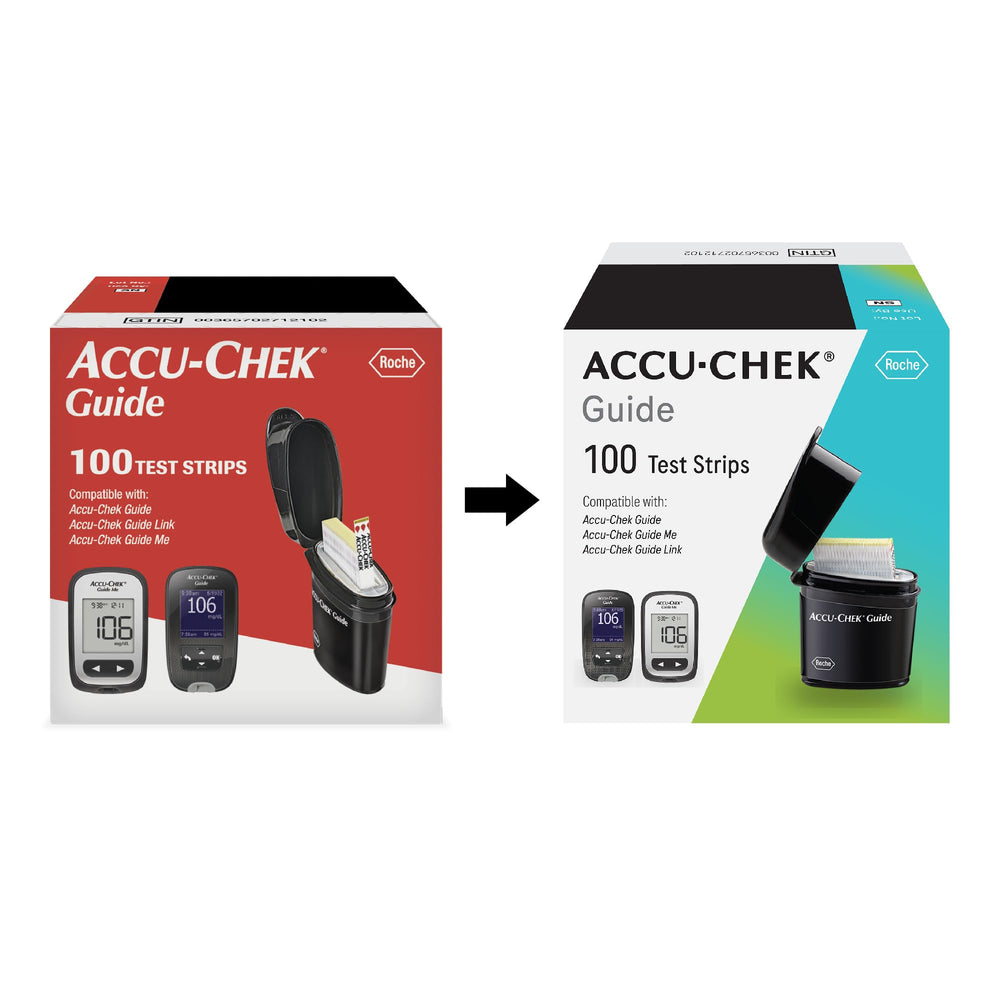 Accu-Chek Guide strip shows end-placing for sample placement.