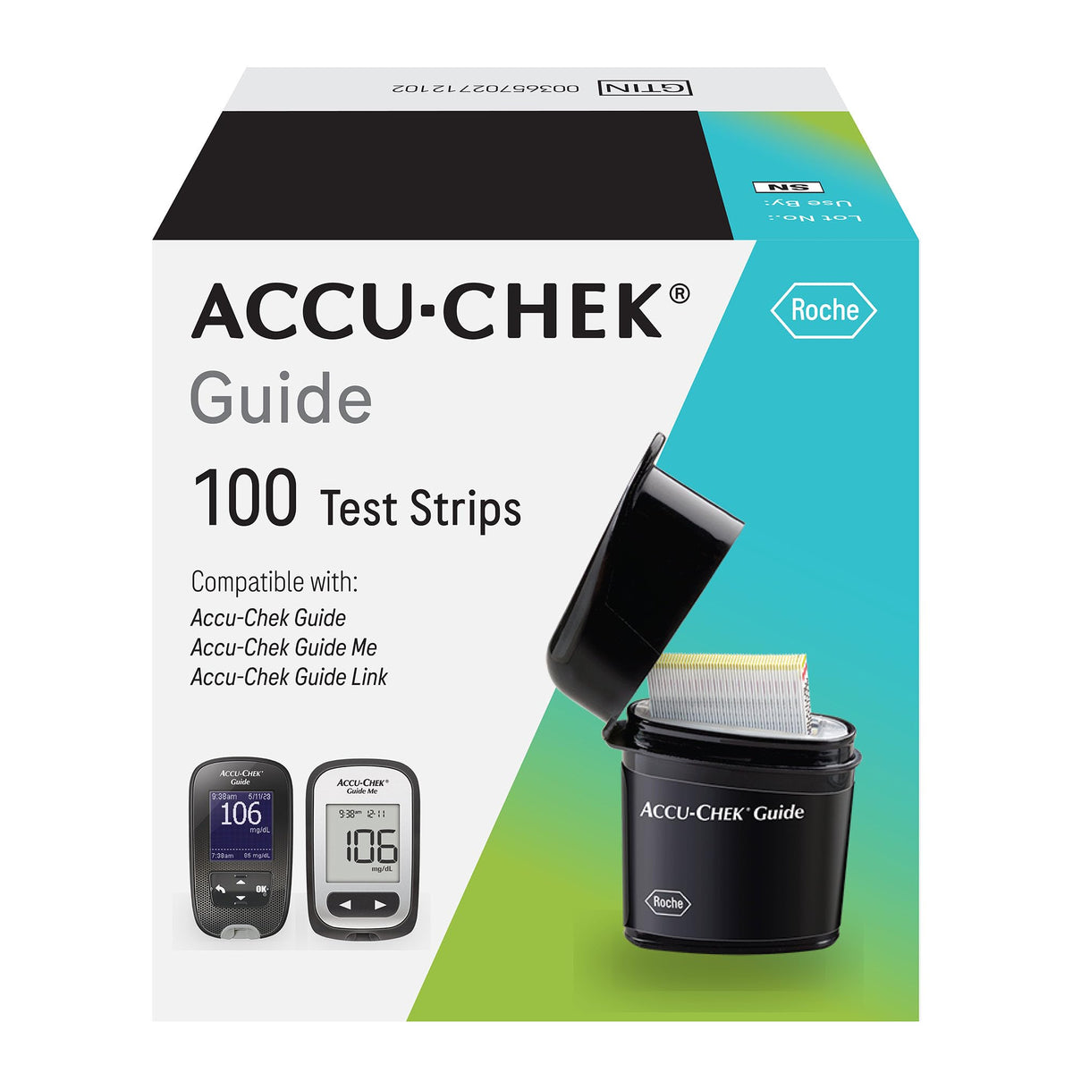 Accu-Chek Guide glucose strip with tiny blood sample for testing.