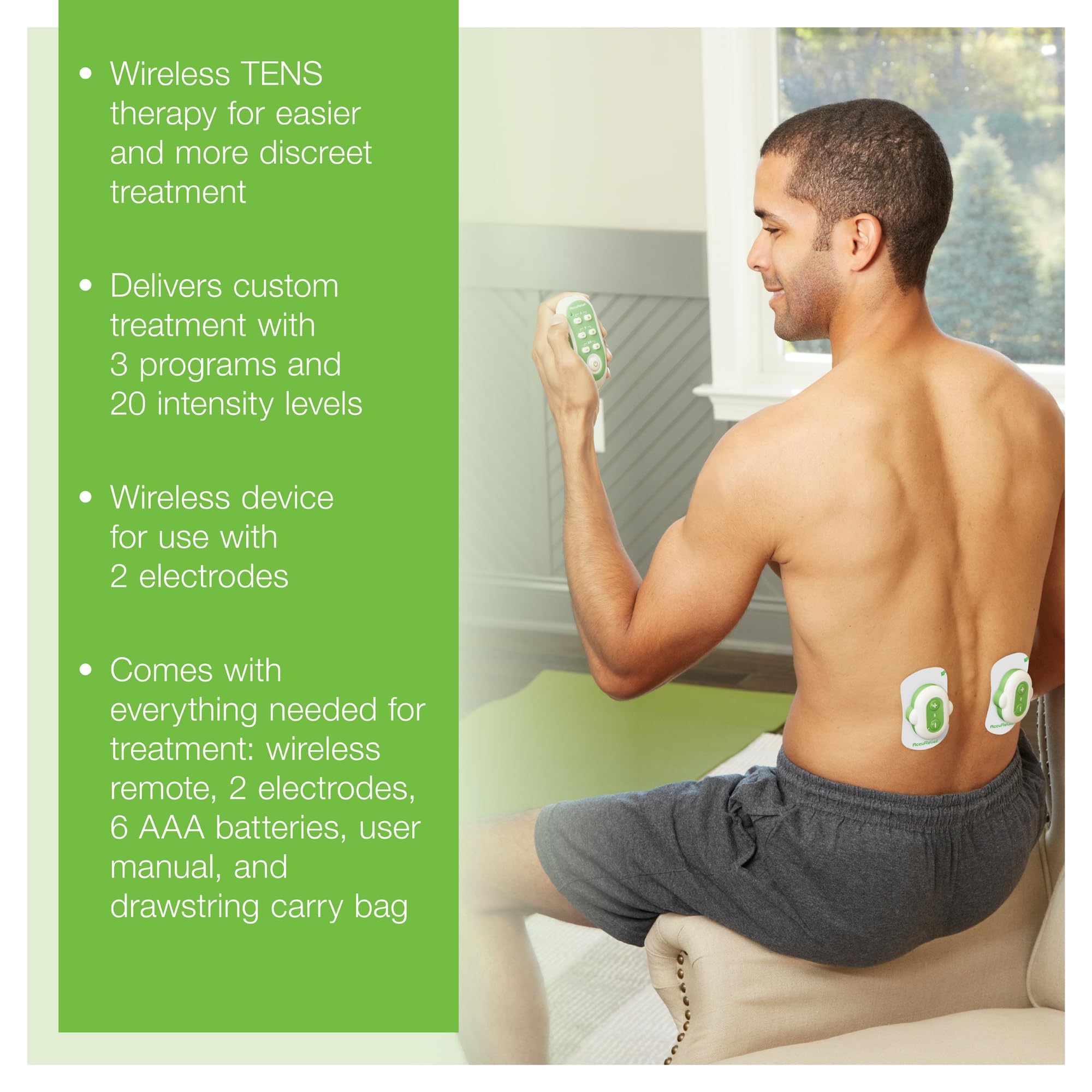 AccuRelief TENS pads connected to skin enabling dual-channel therapy.