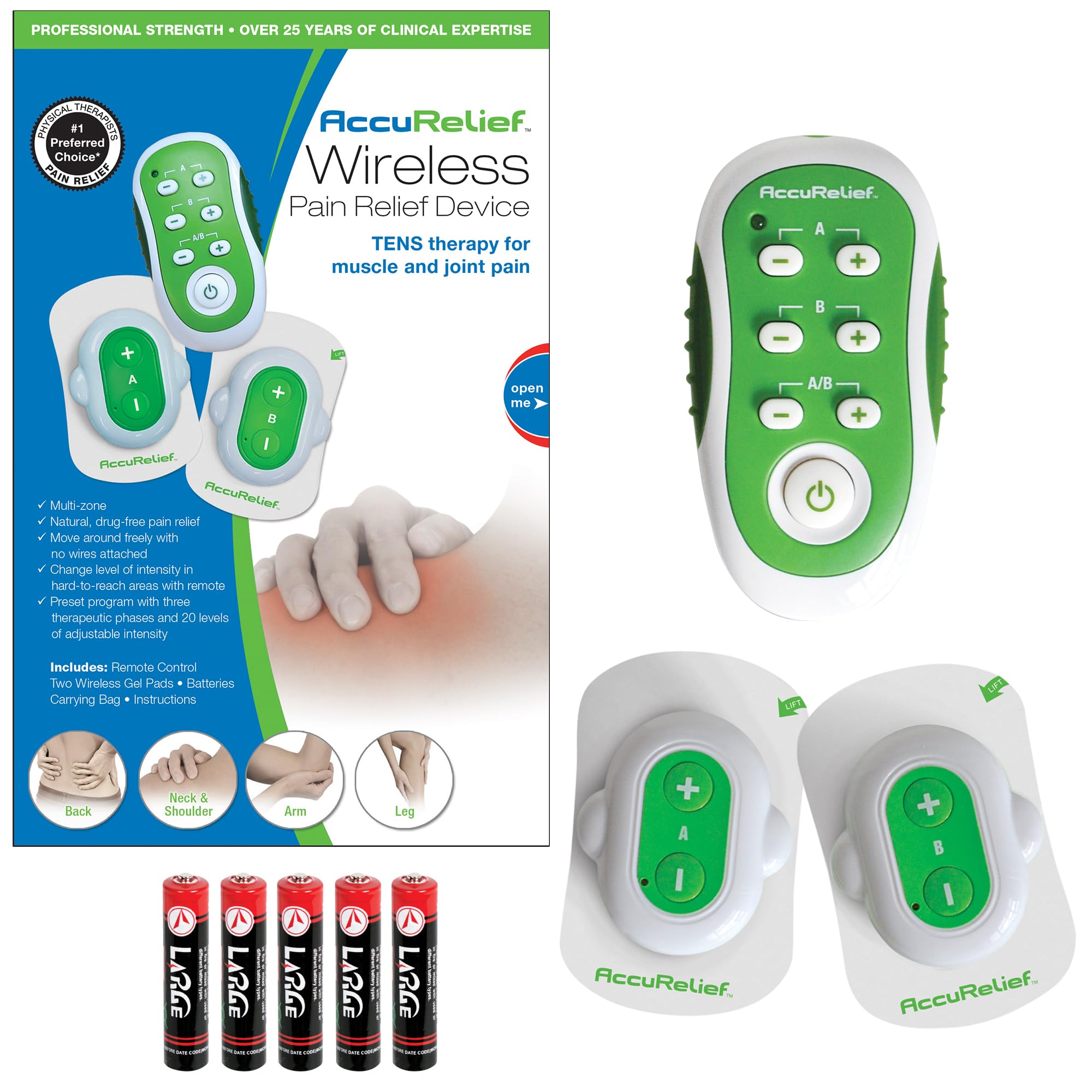 AccuRelief wireless remote control used for targeted, convenient pain relief.