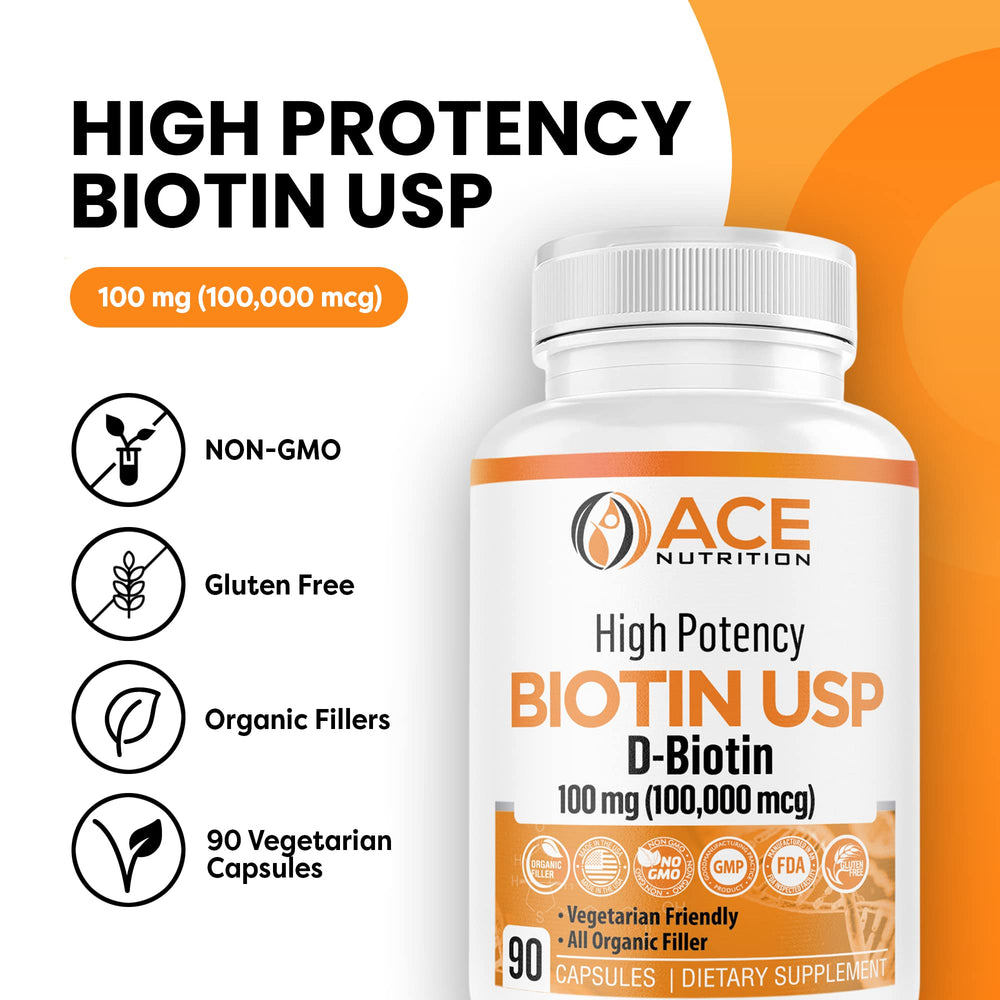 ACE NUTRITION Biotin capsules closeup, easy swallow and hair/nails support